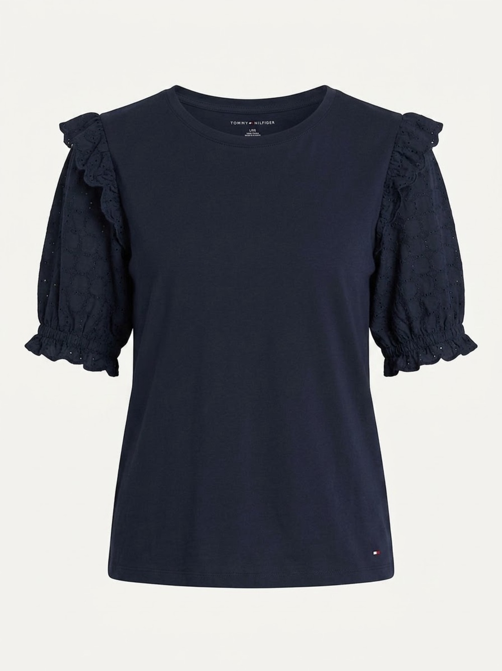 Tommy Hilfiger Eyelet Puff Sleeve Top Navy Blue Cotton Tee Sz L - Picture 2 of 6
